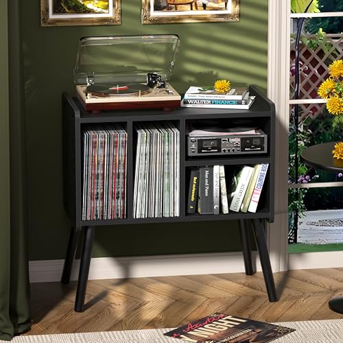 UODERS Record Player Table, Mid-Century Record Player Stand with Vinyl Storage Hold Up to 150+ Albums, Vinyl Record Cabinet with Adjustable Shelves, Wood Turntable Stand for Music Living Room (Black) UODERS