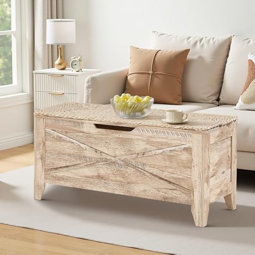 VECELO 43.3" Storage Bench, Entryway Shoe Ottoman, Farmhouse Style Bench with Handwoven Cushion and Metal Safety Hinges for Bedroom, Living Room, Entryway, Wood VECELO