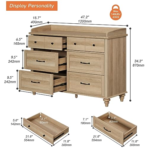 WAMPAT Dresser for Bedroom with 6 Drawers, Kids Dressers with Wide Chest of Drawers, Mid Century Modern Wooden Closet Storage Organizer for Living Room, Nursery, Hallway, Rustic Oak WAMPAT