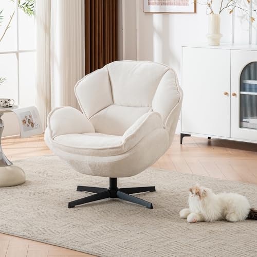 DRKAT Swivel Accent Chair, Modern Recliner Lounge Chair with Metal Base Frame, Comfy Tufted Armchair for Living Room, Bedroom, Home Office, Beige