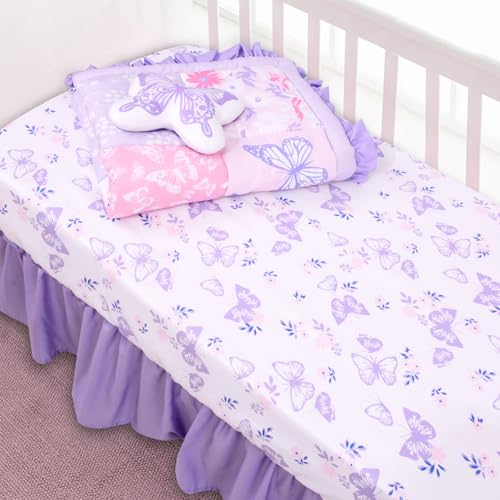 Cloele Crib Bedding Set for Girls, 3 Pieces Floral Butterfly Baby Bedding Set -Includes Comforter Fitted Sheet Crib Skirt,Standard Size Nursery Baby Crib Set for Girls,Purple Cloele