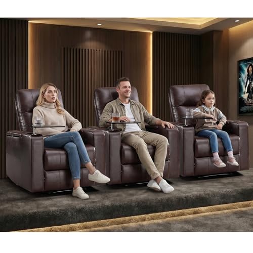 ANJ Home Theater Seating Power Recliner with Hidden Arm Storage, Single Faux Leather Recliners with Tray Table, Electric Movie Reclining Chairs with USB Ports & Cup Holders for Media Room, Brown