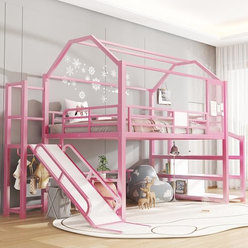 Bellemave House Loft Bed Full Size, Full Size Loft Bed with Storage Stairs and Open Wardrobe, Heavy Duty Loft Beds with Slide for Girls, Boys, Noise-Free Design Pink Bellemave