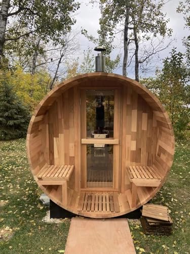 AURGOD Outdoor Barrel Canadian Hemlock Sauna with Porch, Wood Burning Stove Sauna with Large Glass Windows for 4 Person, Scenic Porch, Wood Fire Sauna, Luxurious Texture AURGOD