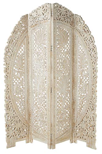 Deco 79 Wood Floral Handmade Foldable Arched Partition 4 Panel Privacy Screen with Intricately Carved Designs, Room Divider 60" x 2" x 72", White Deco 79