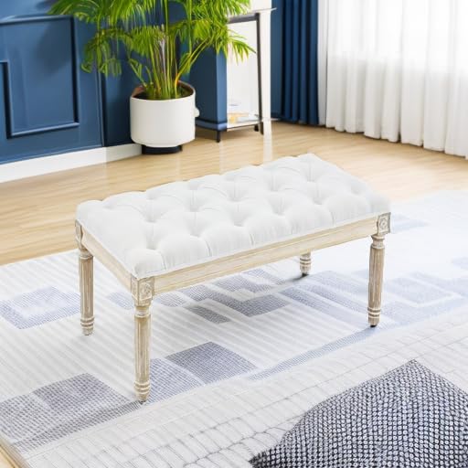 LOULENS French Vintage Bench, Linen Fabric Entryway Bench, Upholstered Tufted End of Bed Bench with Brushed Wood Legs, White LOULENS