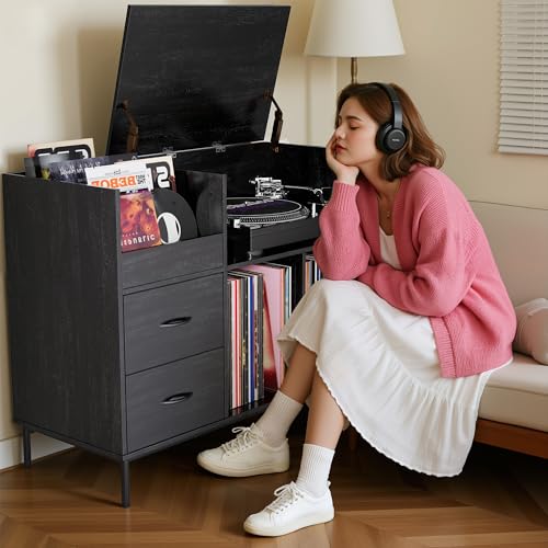 HarmoFurn Record Player Stand with Flip-Top, Wood Vinyl Storage Cabinet with 2-Outlet Power Strip, Drawers & Dustproof Cubbies, Media Console, Black, 35.4x15x27.6 Inches HarmoFurn