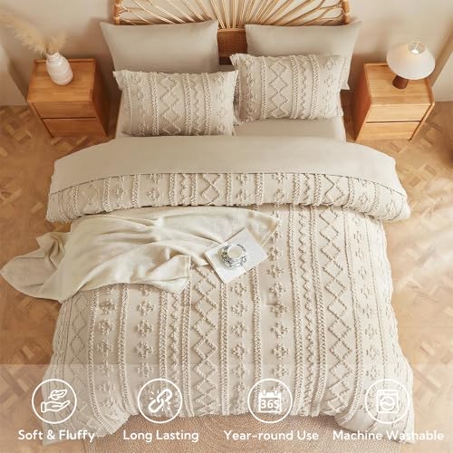 MR&HM Beige Comforter Set Queen, Tufted Boho Bedding Set, Farmhouse Bed in a Bag Set 7 Pieces with 1 Comforter, 2 Pillow Shams, 2 Pillowcases, 1 Flat Sheet, 1 Fitted Sheet for All Seasons MR&HM