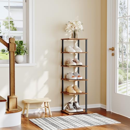 HOOBRO Vertical Shoe Rack, 6-Tier Narrow Shoe Shelf, Shoe Storage Organizer for Small Space, 11" L x 11" W x 39.5" H, Closet, Entryway, Hallway, Bedroom, Rustic Brown and Black BF21XJ01 HOOBRO