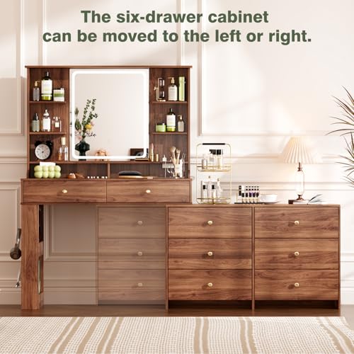 YYJ Makeup Vanity Desk with Large Mirror and Lights&Charging Station,3 Lighting Modes,Desk Vanity with 8 Storage Drawers and 8 Shelves,Makeup Table for Bedroom,Dressing Table with Nightstand,Walnut YYJ