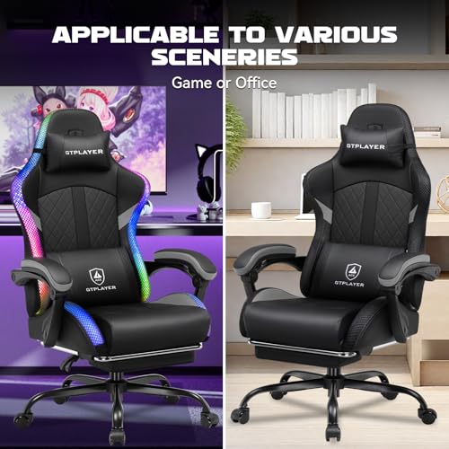 GTPLAYER RGB Gaming Chair, Computer Gamer Chair with Footrest and LED Lights, PC Gamer Chairs for Adults, High Back Reclining Office Chairs, Linkage Armrest (Gray) GTPLAYER