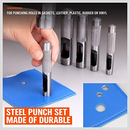 Spurtar 6PCS Leather Hole Punch 1/8'' - 5/16'' Heavy Duty Round Hollow Belt Hole Puncher High Carbon Steel Leather Punch Tool for Belts Watch Cloth Gaskets with Storage Bag Spurtar