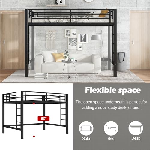 Metal Twin XL Size Loft Bed,Heavy Duty Loft Bed Frame Twin XL Size with 2 Ladders and Full Length Guardrails for Kids, Teens, Adults, Noise-Reducing,Space-Saving,Black Bellemave