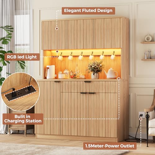Jocoevol Fluted Kitchen Pantry Storage Cabinet with Charging Station/LED Light/Doors/Shelves, 71'' Tall Kitchen Food Hutch with Microwave Stand for Dining Room Living Room (Natural, 41 * 15.7 * 71) Jocoevol