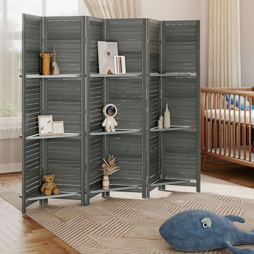 HOMCOM Room Divider, 6 Panel 67" Tall Wood Privacy Screen with 3 Display Shelves, and Folding Storage for Bedroom or Home Office, Gray HOMCOM
