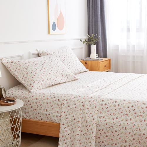 Twin Bed Sheet Set 3PC Printed Red Cute Flower Sheet Pattern Cooling Brushed Microfiber Deep Pocket Floral Sheets Set Luxury, Soft, Breathable, Hypoallergenic, Wrinkle Free Single Bedding for Kids KACEMOO