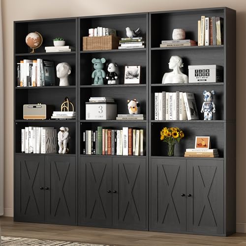 Shintenchi Bookshelf, Industrial Bookshelves and Bookcases with Doors Floor Standing 6 Shelf Display Storage Shelves 70.6 inches Tall Bookcase for Home Office, Living Room (Black) Shintenchi