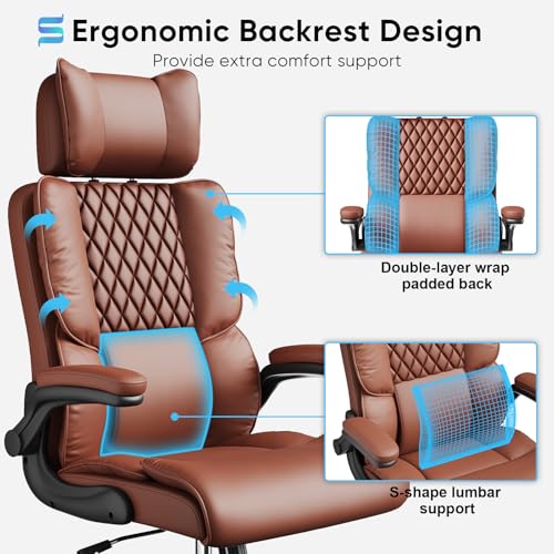 Sytas Executive Office Ergonomic Chair with Adjustable Headrest, PU Leather Desk Chair, High-Back Swivel Task Chair for Home Office, 135° Reclining, Brown Sytas
