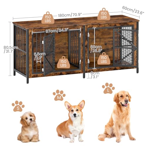 CHOEZON 71" Double Dog Crate Furniture for 2 Dogs, Wooden Dog Crate End Table, Dog Cage for Medium/Large Dogs, Heavy-Duty Dog Kennel Furniture with Framed Metal Doors, Rustic Brown and Black TGW02BF CHOEZON