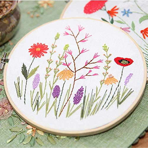 Kissbuty Embroidery Starter Kit with 3 Pcs Fabric & Patterns, Bamboo Hoop, Color Threads Tools (Plants Flowers)
