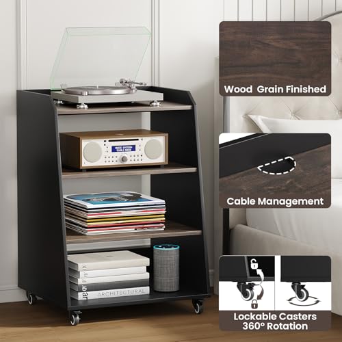 Rresyet 22.1" 4-Tier AV Media Stand with Wheels, Wooden Record Player Stand with LED Lights,Stereo Rack and Game Console Stand for Music Room, Living Room Rresyet