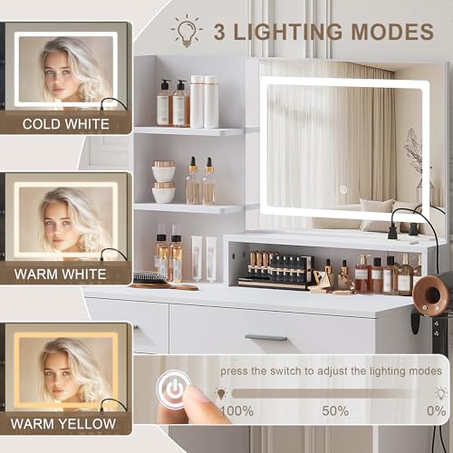 ProsperHaven Vanity Desk with LED Mirror and Lights, Makeup Vanity Table with Power Outlet, Drawers, Cabinet, Dressing Table with Open Storage Shelves for Bedroom, Dressing Room, White ProsperHaven