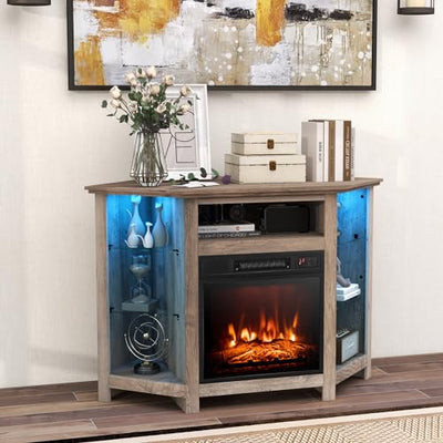 GOFLAME Corner Fireplace TV Stand with LED Lights for TVs up to 50”, Modern Entertainment Center with Electric Fireplace, Remote & Smart APP Control, TV Console with Adjustable Glass Shelves, Gray