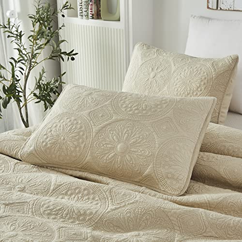 Brandream Luxury Quilt Bedding Set Queen Size Quilt Set Cotton Beige 3 Piece Medallion Matelasse Coverlet Set Brandream