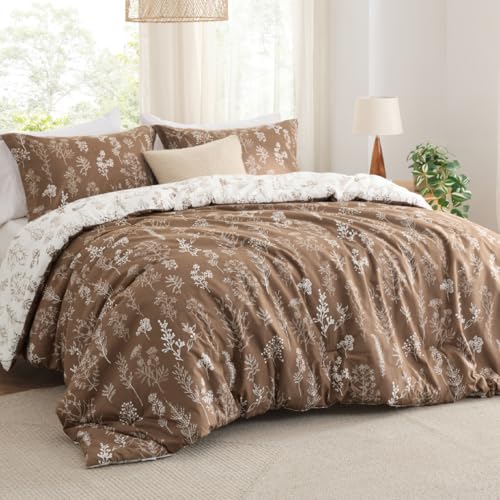 Bedsure Queen Comforter Set - Brown Bed Set, 3 Pieces Cute Floral Bedding, 1 Soft Reversible Botanical Flowers Comforter and 2 Pillow Shams Bedsure