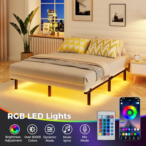 Awesofurni Full Size Bed Frame with Smart LED Lights, 7 Inch Basics Metal Bed Frame, Heavy Duty 9-Leg Base for Box Spring and Mattress, Noise-Free, Easy Assembly, Black Awesofurni