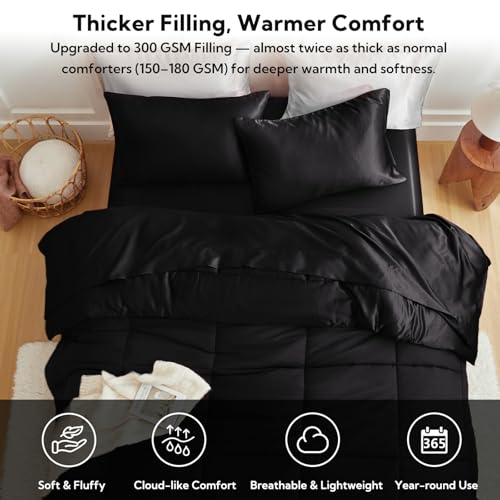 MR&HM Queen Comforter Set Black, Reversible Satin Microfiber Comforter Set for All Seasons, 3 Pieces Non-Slip Silky Soft Bedding Sets with 1 Comforter (90"x90") and 2 Pillowcases (20"x26") MR&HM