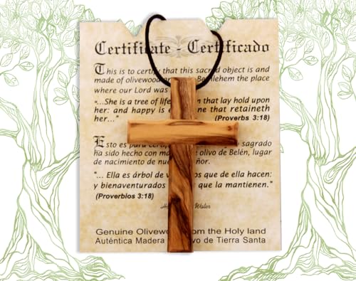 Wooden Cross Necklace, Christian gift, Faith Cross Pendant for the church and home Car Rearview Mirror Pendant, Olive wood from Bethlehem, Certificate of Origin, size 2.7" x 1.8" THE JERUSALEM GIFT SHOP SINCE 2004