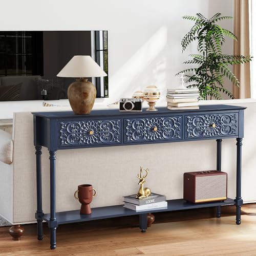 weselon 55.5" Carved Console Table with 3 Drawers, 2-Tier Sofa Table with Glossy Floral Surface and Solid Wood Legs, Mid-Century Modern Entryway Table for Living Room Hallway (Midnight Blue) weselon