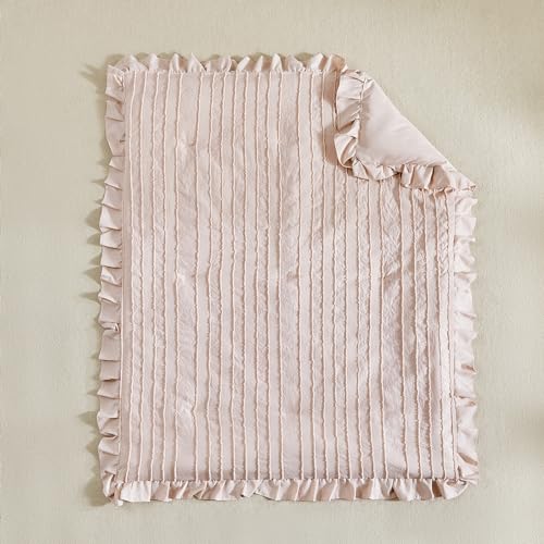 3 Pieces Tufted Stripes Crib Bedding Set with Ruffle Fringe, Pink Ruffled Comforter with Fitted Sheet and Bed Skirt , Soft and Embroidery Shabby Chic Boho Bohemian Jacquard Design for Baby Girls Boys Flysheep