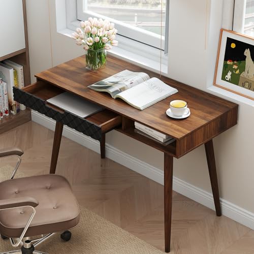 Tangkula Mid-Century Modern Computer Desk, Home Office Desk w/Drawer & Open Compartment, Laptop PC Desk w/Rubber Wood Legs, Makeup Vanity Table, Vintage Writing Desk Workstation for Study, Bedroom Tangkula