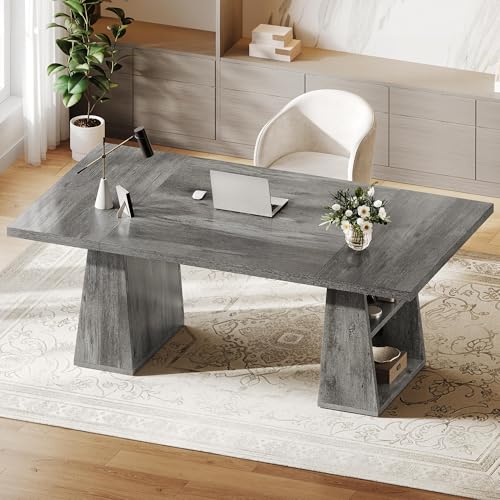 YITAHOME 63" Executive Desk, Large Office Desk Computer Desk with Double Pedestal and Storage Shelves, Wood Simple Workstations Writing Table Conference Table Business Furniture for Home Office, Grey YITAHOME