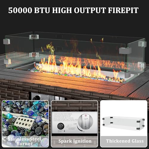 VONZOY 8 Pieces Outdoor Patio Furniture Set with 44" Fire Pit Table Rattan Sectional Conversation Sets w/Gas Fire Pit, Coffee Table, 2 Waterproof Covers, Navy Blue VONZOY