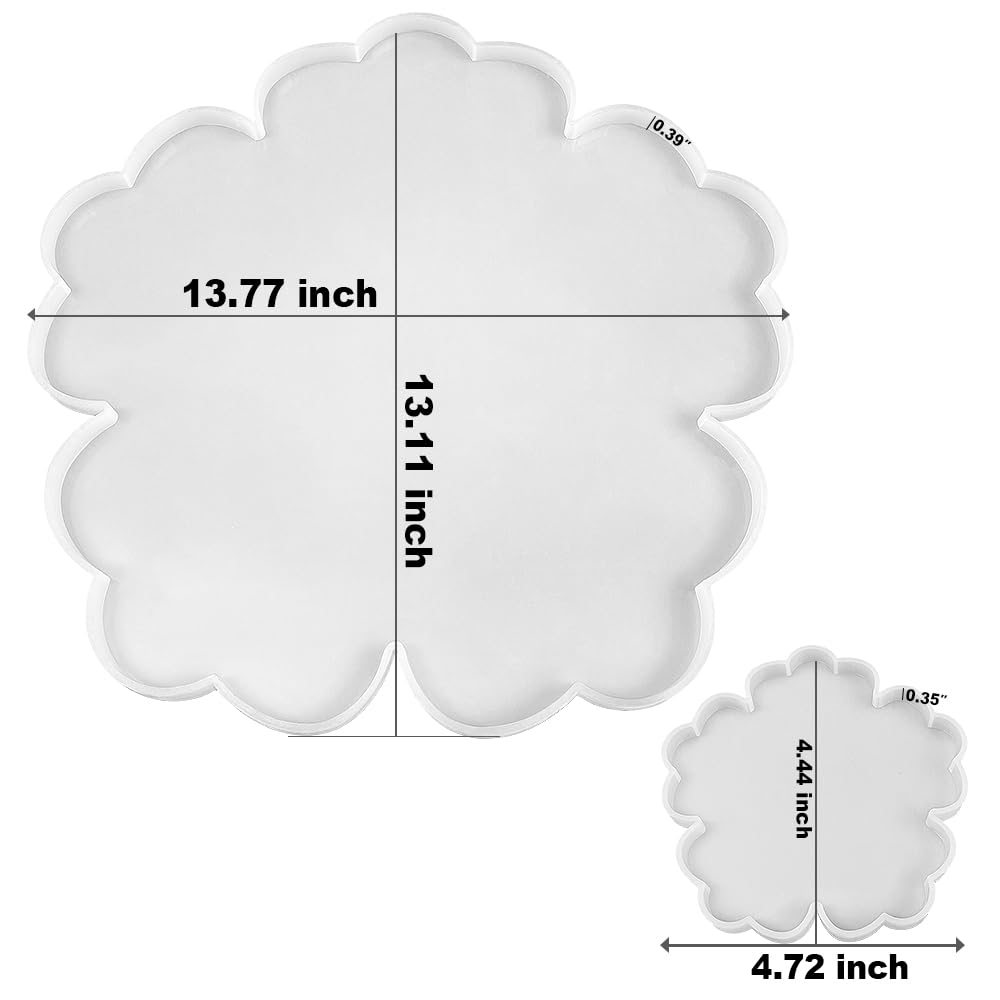 RESINWORLD Resin Tray Coaster Mold Set, 1Pc 13'' Large Floral Tray Mold + 4 Pack 4'' Flower Geode Coaster Silicone Molds (No Designs on Mold) ResinWorld