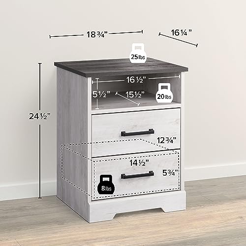 Prepac Rustic Ridge Farmhouse Nightstand with 2 Drawers and an Open Cubby, Wooden Bedside Table for Bedroom, Office, or Living Room, 16.25in x 18.75in x 24.5in, Washed White Prepac