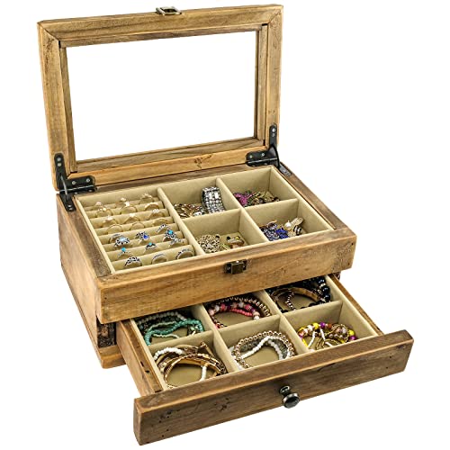 Excello Global Products Jewelry Box: Farmhouse Solid Wood Rustic Distressed Jewelry Organizer. Includes Glass Window and Storage Drawer. EXCELLO GLOBAL PRODUCTS