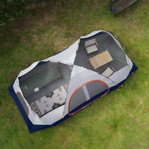 UNP Camping Tent 10-Person-Family Tents, Parties, Music Festival Tent, Big, Easy Up, 5 Large Mesh Windows, Double Layer, 2 Room, Waterproof, Weather Resistant, 18ft x 9ft x78in (Navy Blue) unp