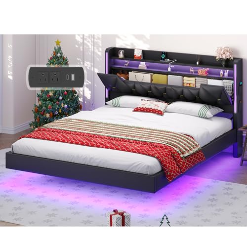 Dnxao King Size Floating Bed Frame with Storage Headboard, Tall 44" Upholstered Platform Bed with Charging Station, Dual-Zone LED Lights, No Box Spring Needed, PU Black Dnxao