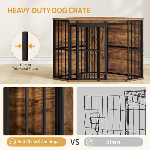 Hzuaneri Corner Dog Crate Furniture with Barn Door, Heavy Duty Dog Kennel Indoor, Wooden Decorative Pet Cage for Small Medium Dogs, Space-Saving TV Stand Anti-Chew Anti-Escape, Rustic Brown DFC88901B Hzuaneri