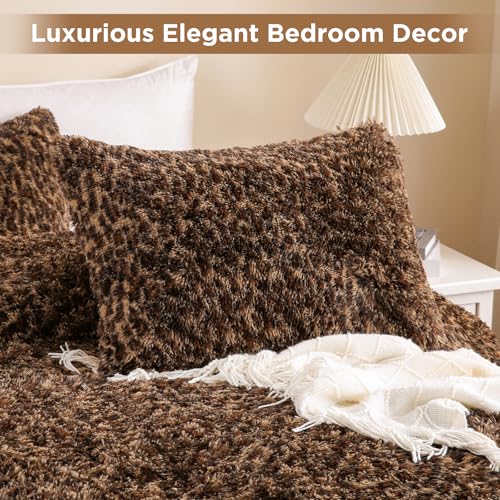 Melo10PM Leopard Print Fluffy Faux Fur Comforter Set Queen Size, 3 Pieces Brown Cheetah Plush Shaggy Fuzzy Bedding Set, Ultra Soft Luxury Furry Boho Animal Print Winter Warm Comforter for Women Gilrs Melo10PM