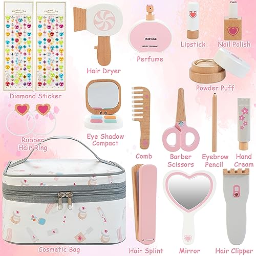 Amtreen Kids Makeup Kit for Girl, Pretend Play for Toddlers 3-5 Wooden Makeup Toy Set, 18 PCS Hair Salon Toys Gifts for 3 4 5 Year Old Amtreen