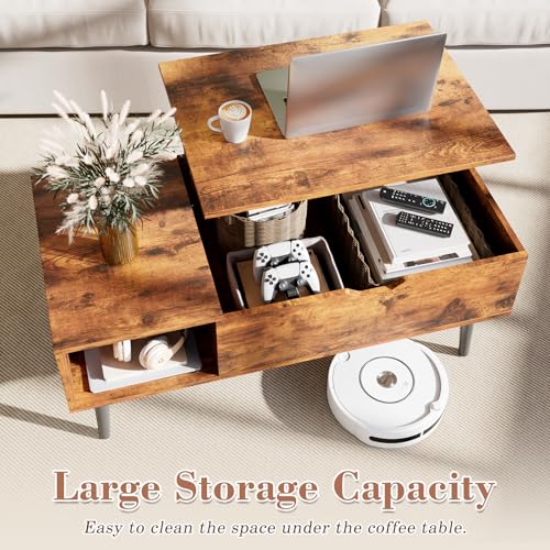OLIXIS Wooden Coffee Table, Lift Top Coffee Table with Large Hidden Compartment and Ample Storage Shelf, Lift Tabletop Dining Table for Living Room, Home Small Space, Rustic OLIXIS