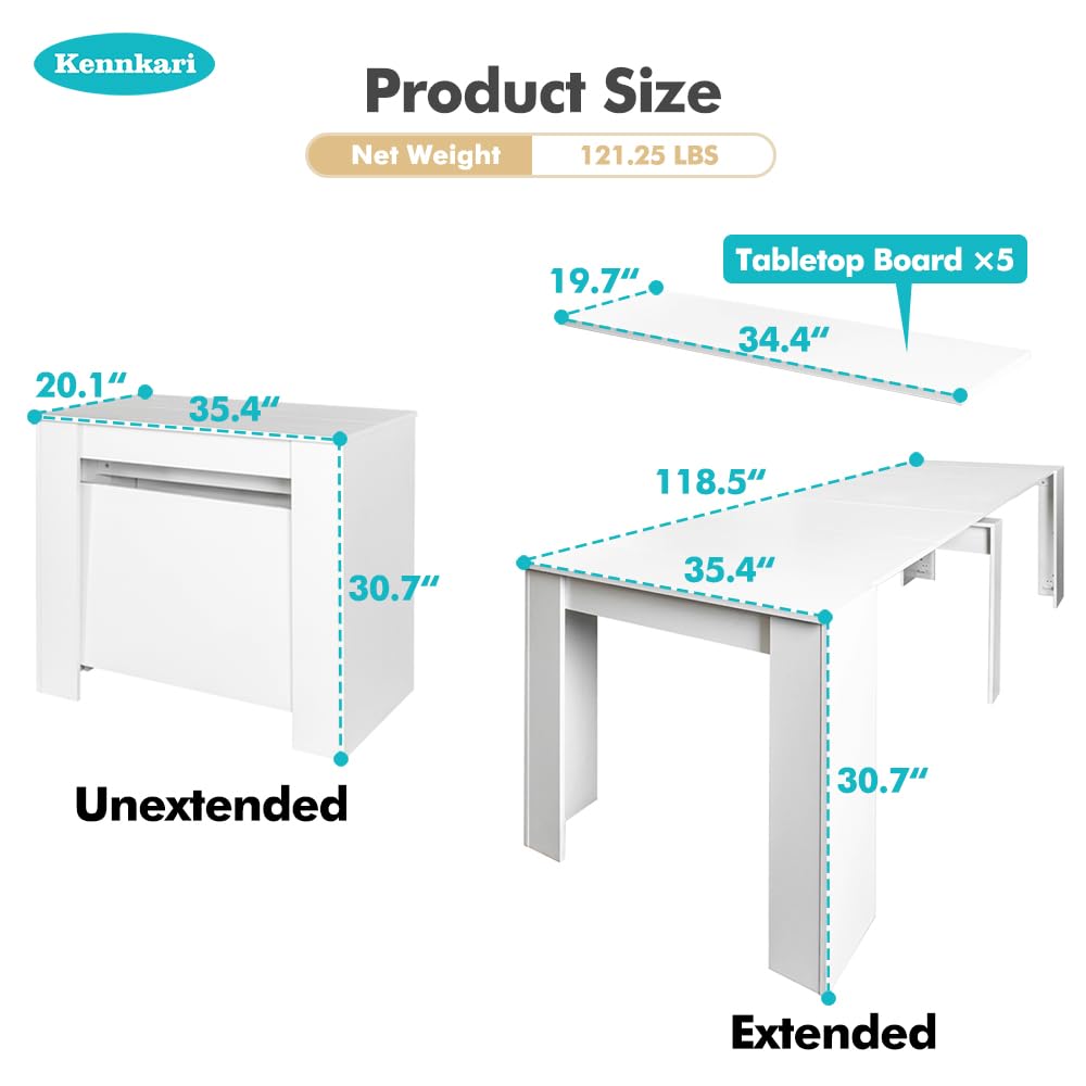 Kennkari Modern Expandable Dining Table for 2-10 People, Large Extendable Dining Room Table for Kitchen Living Room, Rectangle Kitchen Table (White 118" W) Kennkari