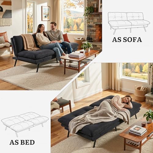 YITAHOME Convertible Futon Sofa Bed with Adjustable 3 Color Light Strip, 70" Folding Futon Set for Living Room Home Office Aprtment, Modern Futon Couch with Adjustable Backrest & Armrests, Black YITAHOME