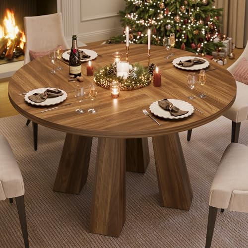 IDEALHOUSE 47" Round Dining Table for 4-6, Wood Kitchen Table with Sturdy Base, Farmhouse Circle Dinner Table for Dining Room, Living Room, 4 Strong Legs, Walnut IDEALHOUSE