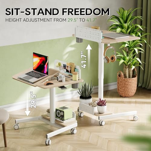 JOY worker Mobile Standing Desk with 60° Tiltable Desktop, 28" Height Adjustable Rolling Desk, DIY Pegboard & Storage Base, Portable Laptop Desk with 4 Lockable Wheels for Home Office, Oak JOY worker